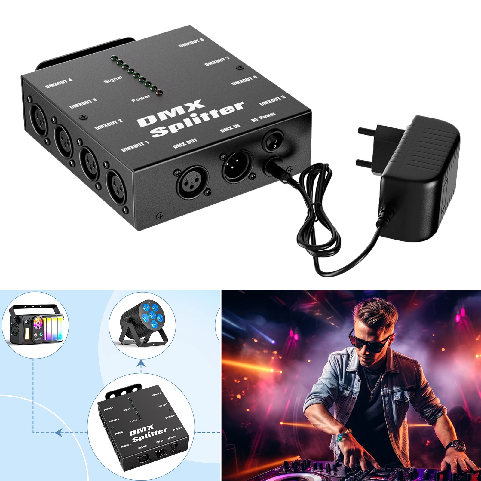 UKING 8-Channel DMX Splitter Signal Amplifier Wireless DMX512 Signal Splitter