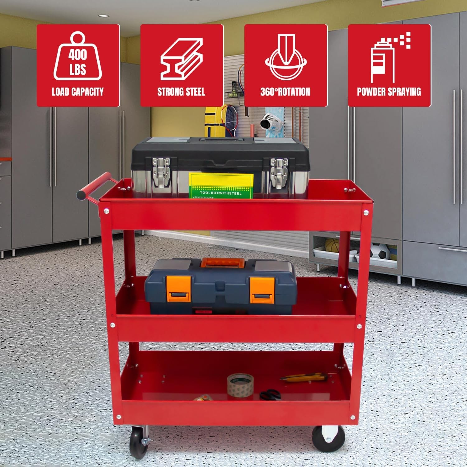 Torin Service Utility Cart Heavy Duty 3 Shelf Tier, 400 lbs Rolling Trolley