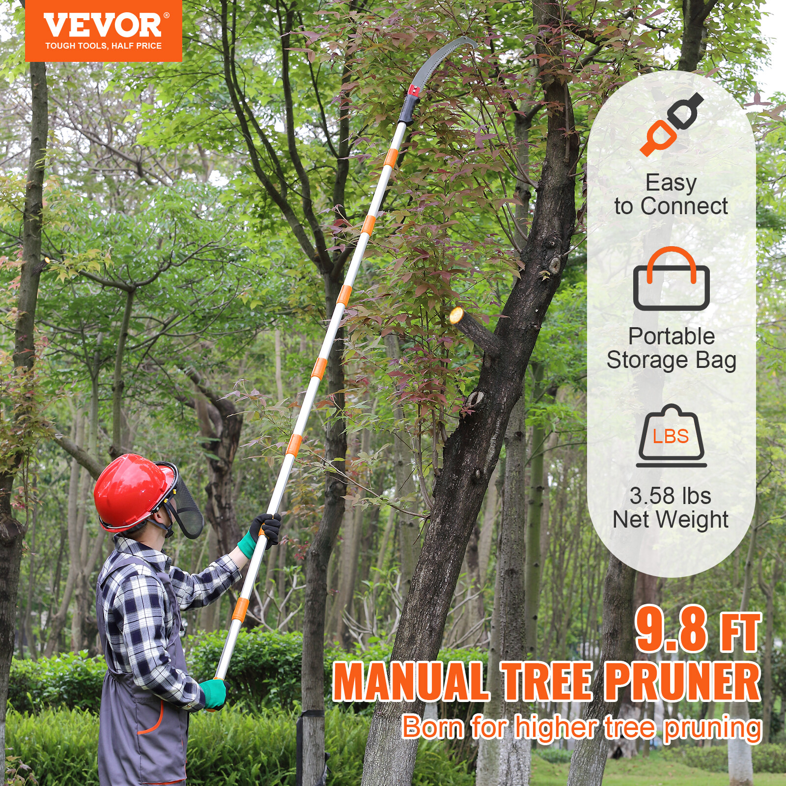 VEVOR Manual Pole Saw Extendable Tree Pruner 4.6-9.8 ft Aluminum Alloy Pole
