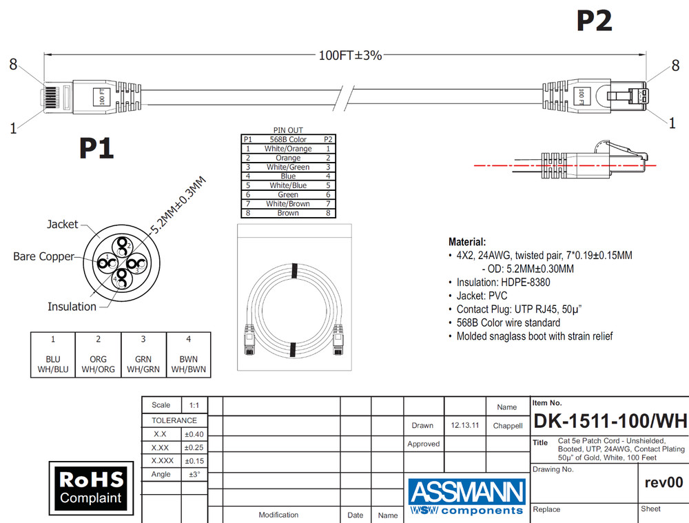 Cat5e UTP Ethernet Network Stranded 24AWG Patch Cable, RJ45, 100ft (30.5m),White