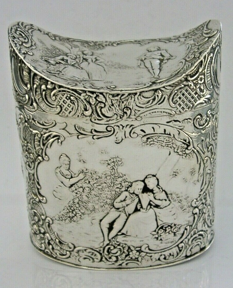 BEAUTIFUL ROMANTIC HANAU GERMAN SOLID SILVER TEA CADDY c1900 ANTIQUE 155g