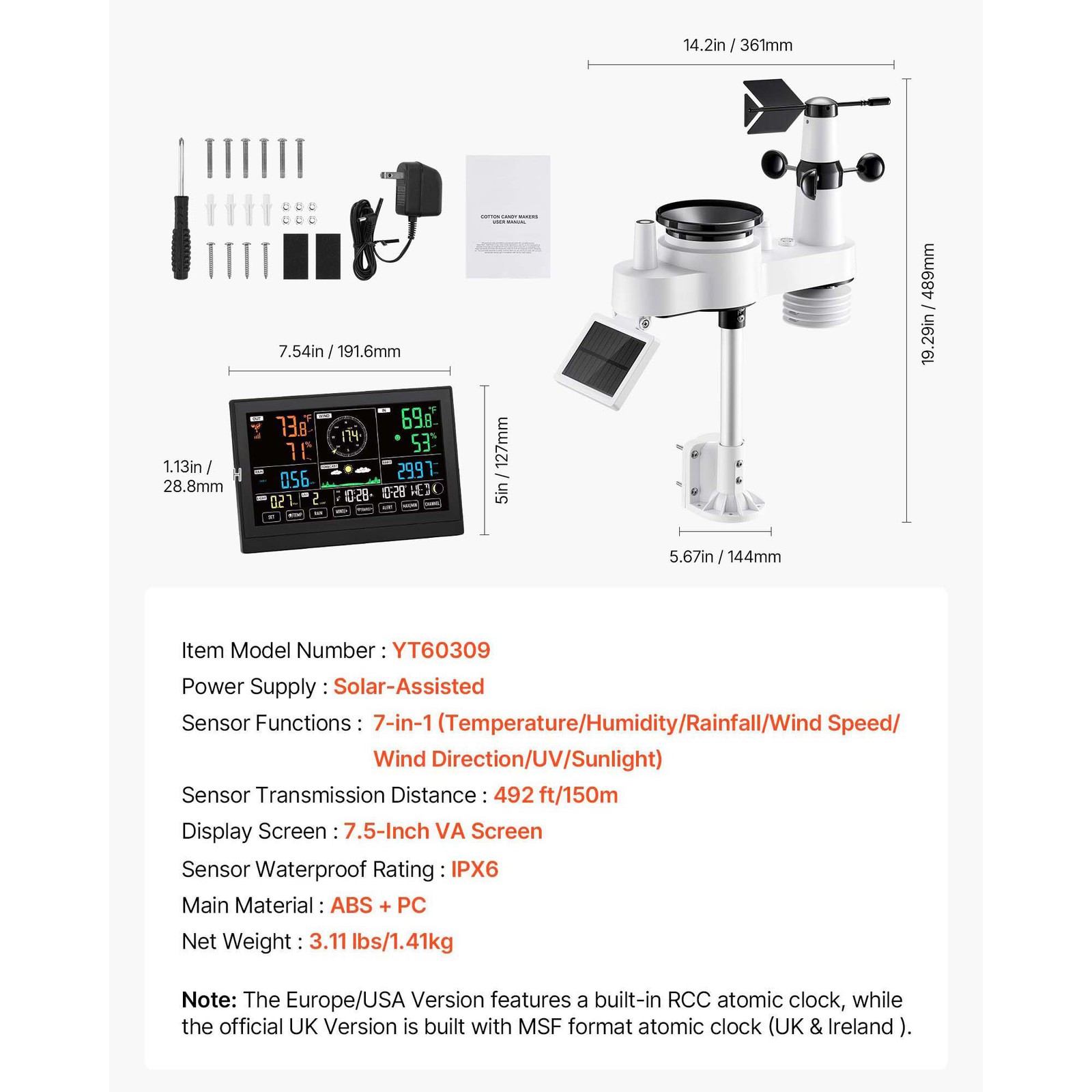 Uimoso 7-in-1 Wireless Weather Station 7.5'' Display and Indoor-Outdoor Sensor