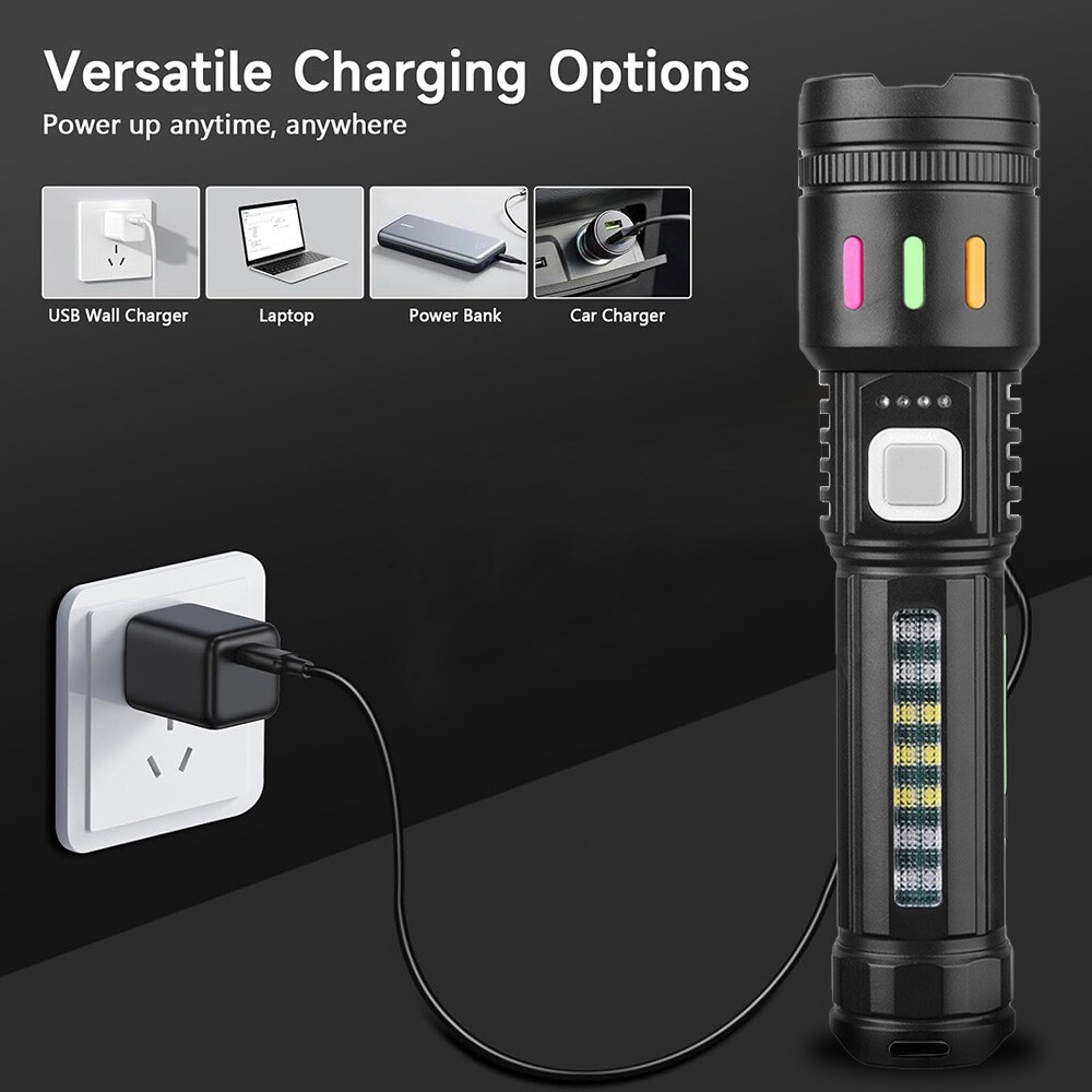 Super Bright P50 LED Tactical Flashlight with COB Side Light 5 Modes Zoomable