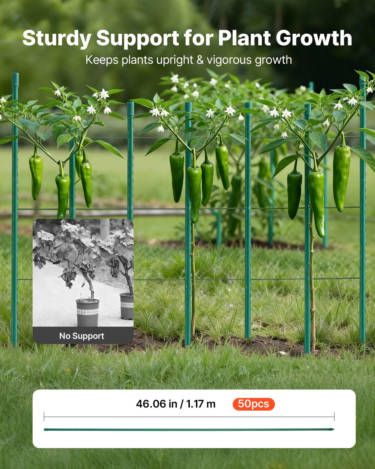 VEVOR Garden Stakes Tomato Stakes 50 Pack 46.06 inch Plastic Coated Metal Sticks