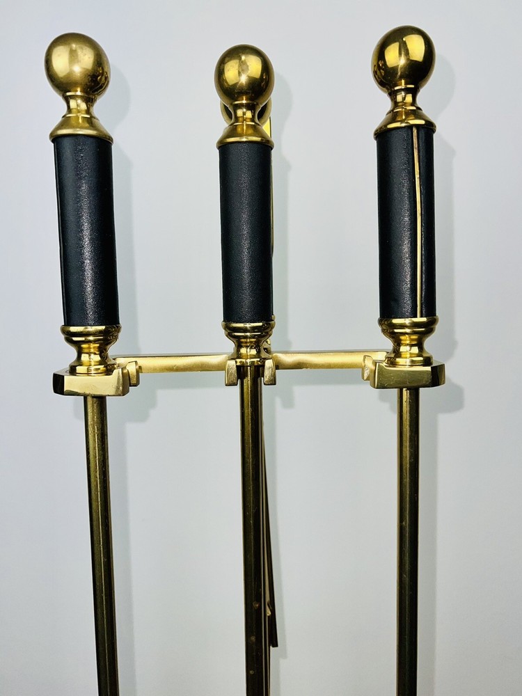 Vintage Solid Brass Black Leather Handles MCM Fireplace 5 Piece Tool Set