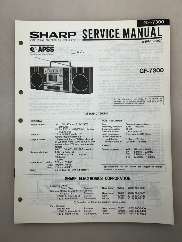 Sharp GF-7300 Original Service Manual Free Shipping