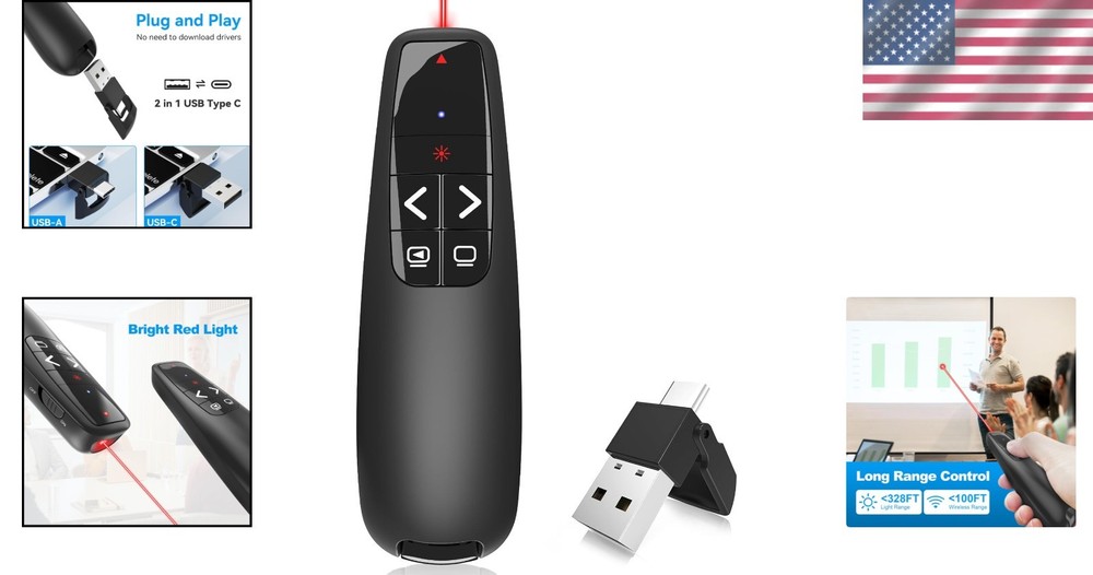 Long Range Wireless Presenter Remote - Enhanced PowerPoint Control to 100 Feet
