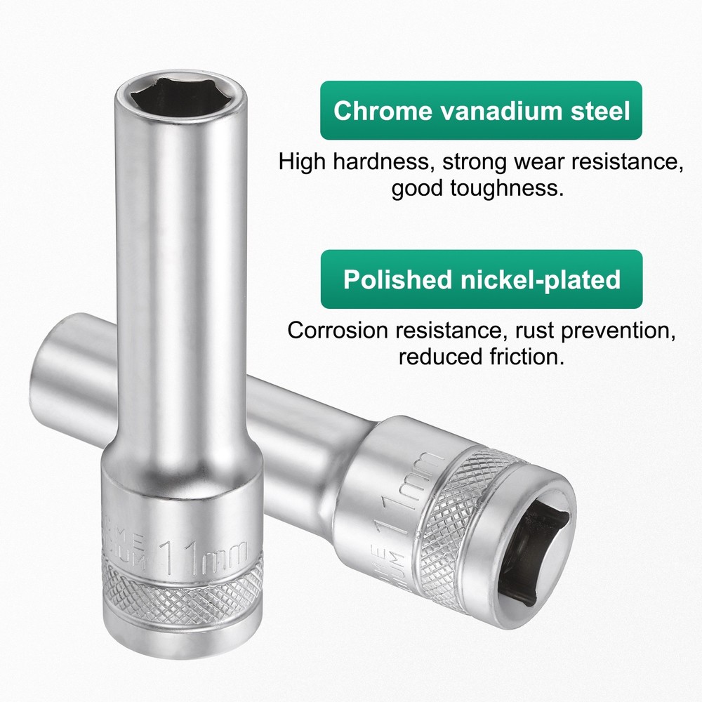 2pcs 6 Points Deep Socket 1/2" Drive 11mm Nickel Plating Hex Socket 3.1" Long