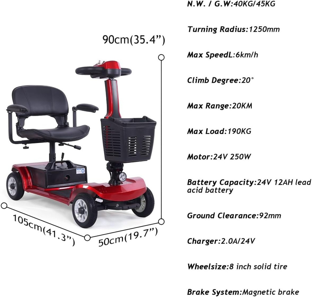 4 Wheel Mobility Scooter Maximum load 419lb Foldable Mobility Scooter for Senior