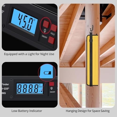 Digital Angle Finder Protractor 0-225° Range, Backlit LCD, Dual Bubble Level, St
