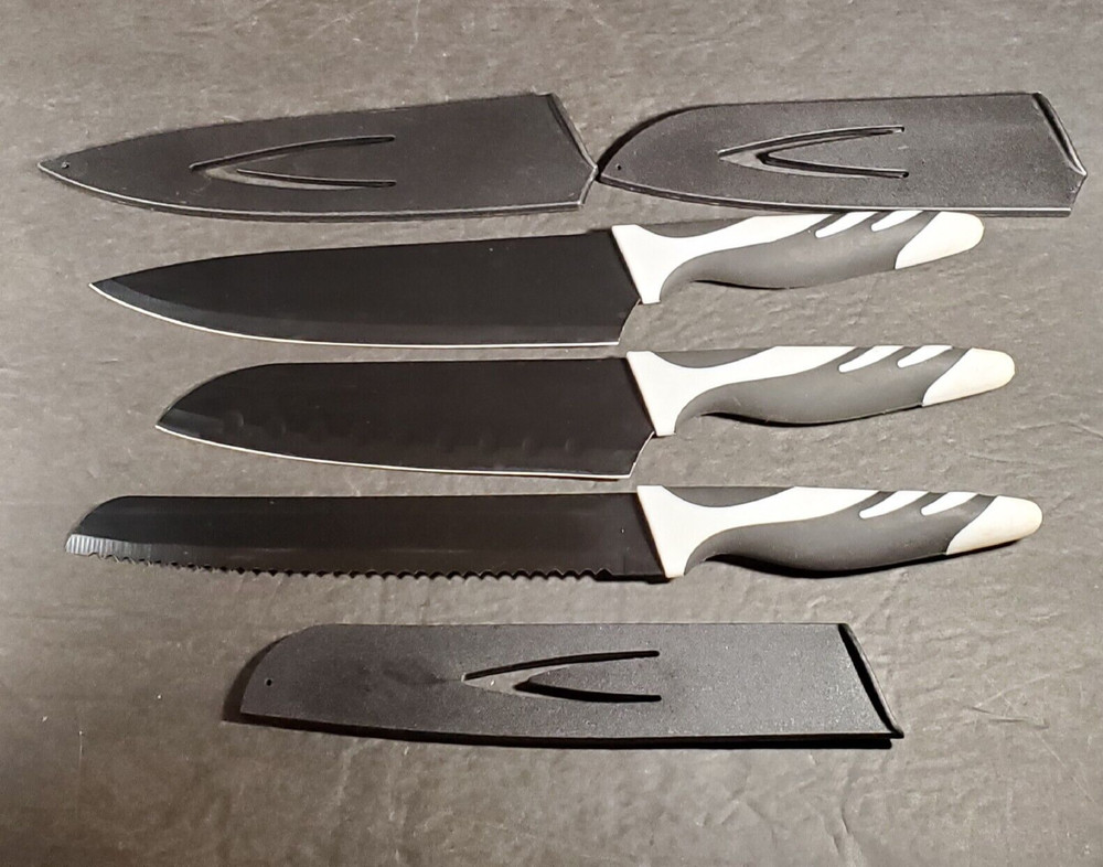 Non Stick Knife Set Black & White w/Protective Cases Unbranded Chef Bread EUC