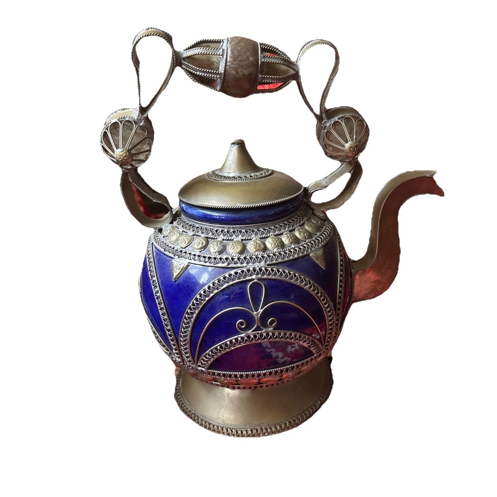 vintage Moroccan blue ceramic kettle with silver engraving