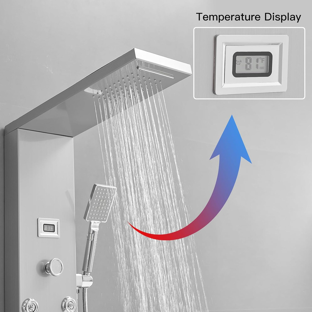 Shower Panel Tower System with Rainfall Waterfall Head and Adjustable Massage Bo