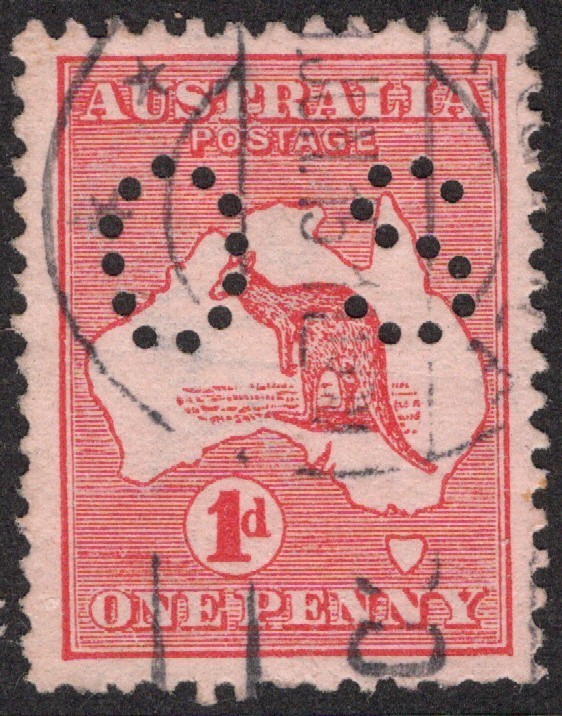 1d RED KANGAROO FIRST WATERMARK PERF SMALL "OS" - USED (A32991)