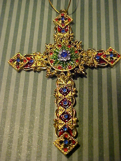 CROSS ~ ANGULAR GOLD  COLORED ENAMEL & GEM ~ ORNAMENT #4723