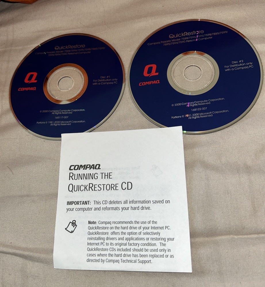 Vintage 2001 COMPAQ Computer QuickRestore CD 1&2 VHTF