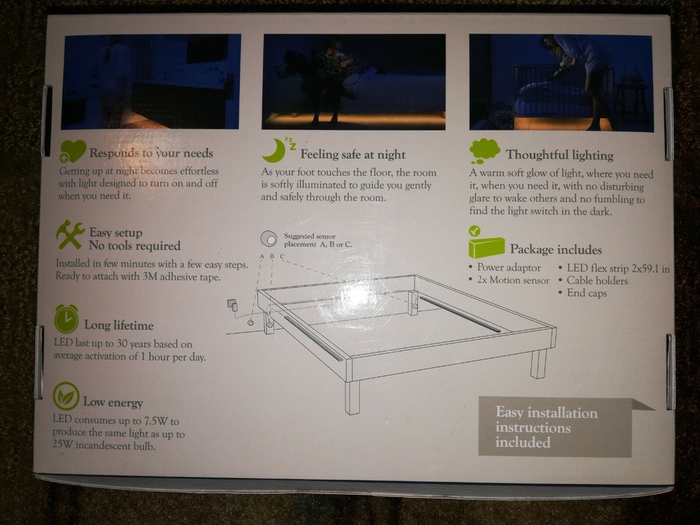 Bed Light Motion Activated Two LED Flex Strips e3light Open Box Contents Sealed