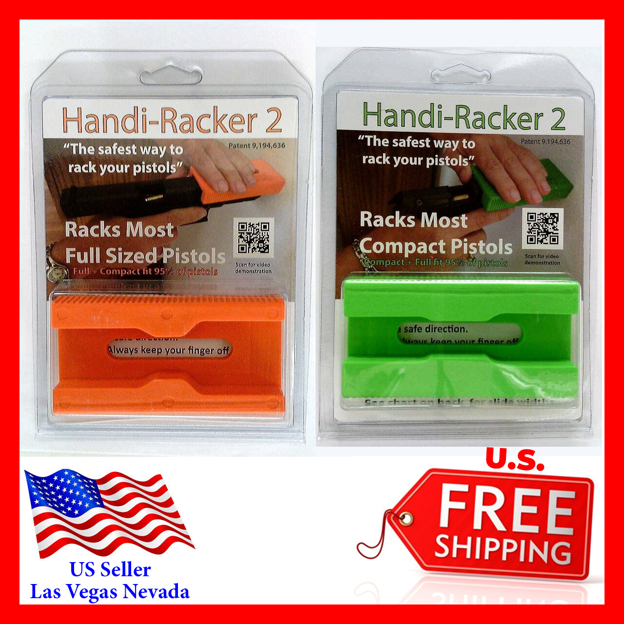 Racker Full Sized Pistols (Orange), for Compact Pistols (Green)  Handi-Racker 2