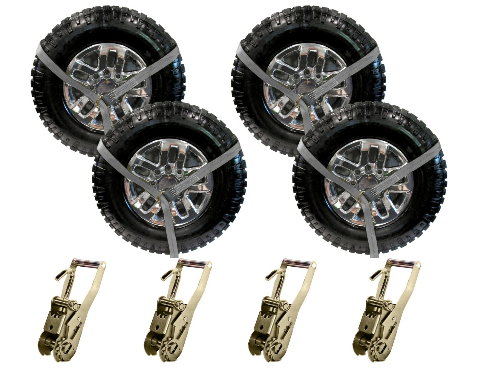 Silver 8' Lasso Strap 2" Ratchet w/ Finger Hook Tow Truck Tire Wheel Tie USA