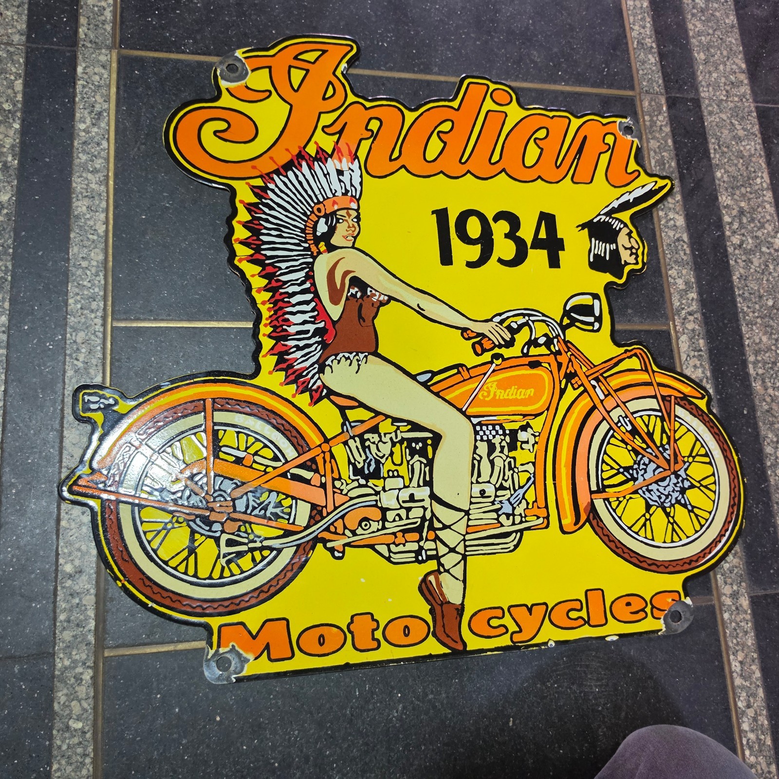 INDIAN MOTOCYCLES PORCELAIN ENAMEL SIGN 27 X 28 INCHES