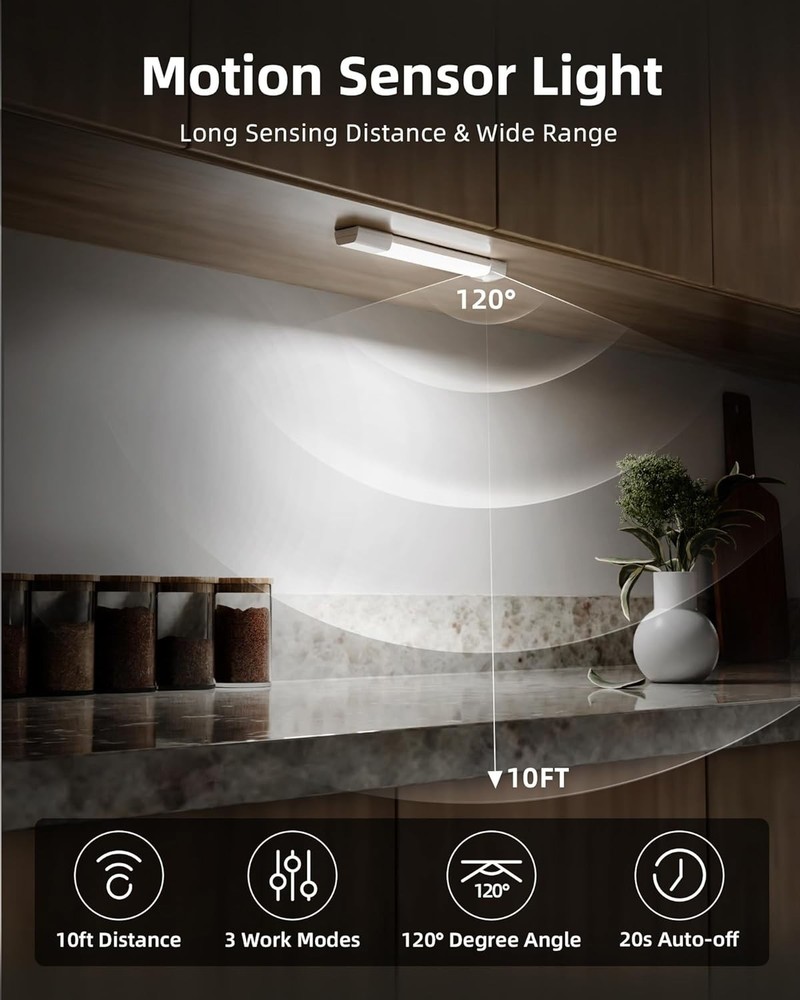 3-Pack LED Under Cabinet Lights, Rechargeable Motion Sensor, 3 Color Dimmable...