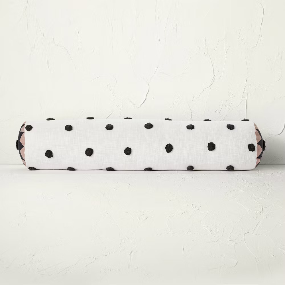 Opalhouse Jungalow Tufted Bolster Pillow Cotton 36x8, Off-White/Black Polka Dot