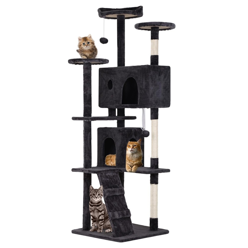 | 70" Cat Tree Tower | Dark Gray | Multi-Level Indoor Activity Center with Si...