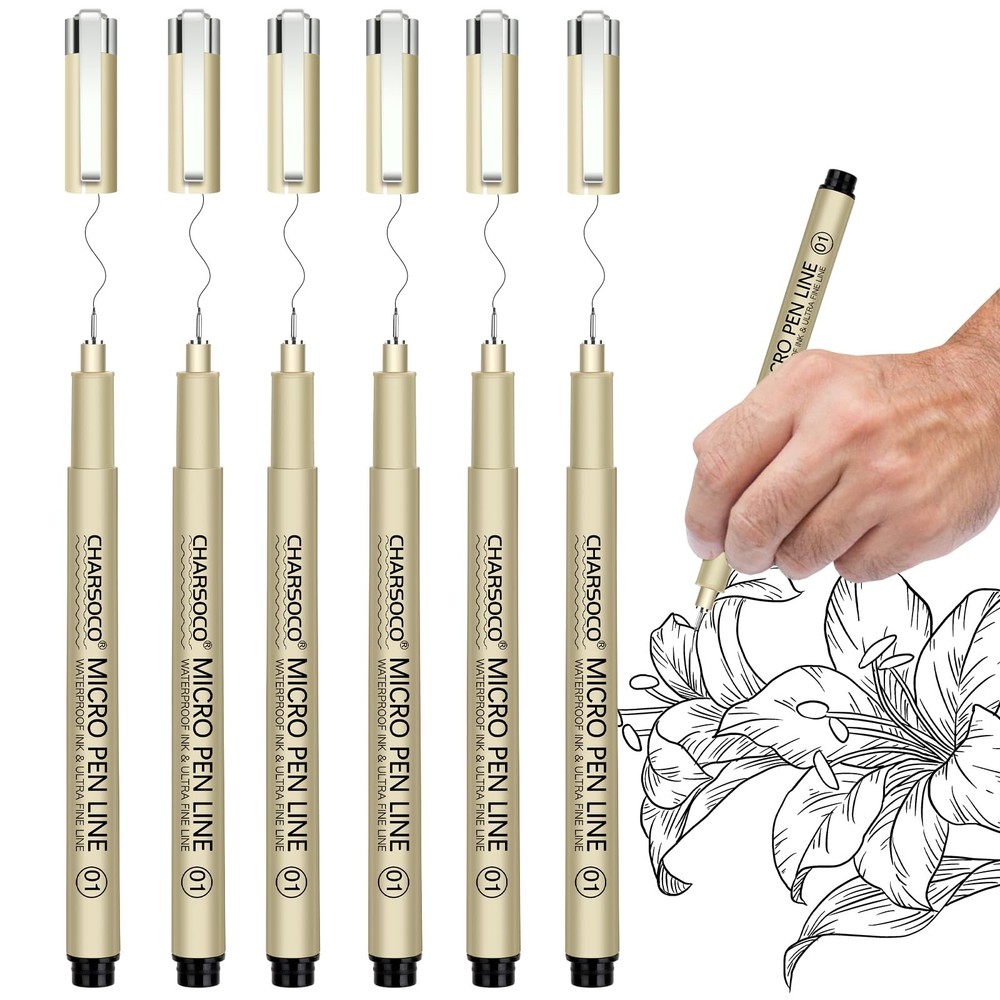 CHARSOCO 01 Micro Pen, 6 Pack Black Fine Point Pen with 【01】,
