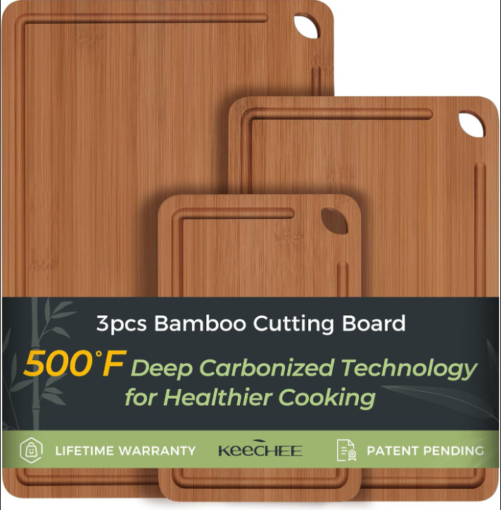 NEW - Bamboo Cutting Board w/ Deep Juice Grooves & Built-in Handles