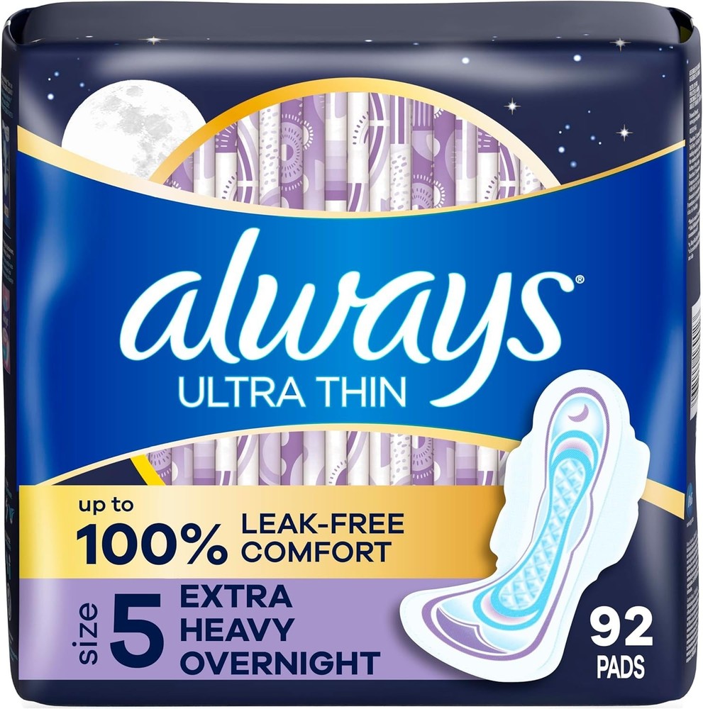 Always Ultra Thin Overnight Pads, Size 5, Extra Heavy Overnight, Unscented, 92 C