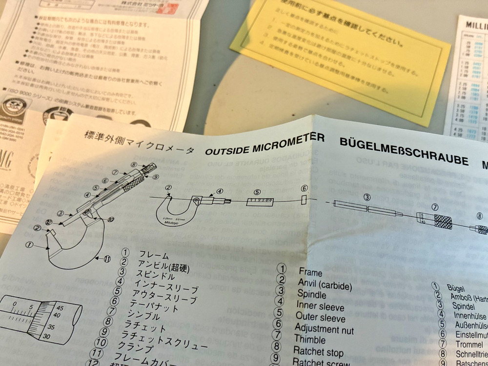 Mitutoyo Ouside Micrometer Instructions Conversion Chart & Warranty