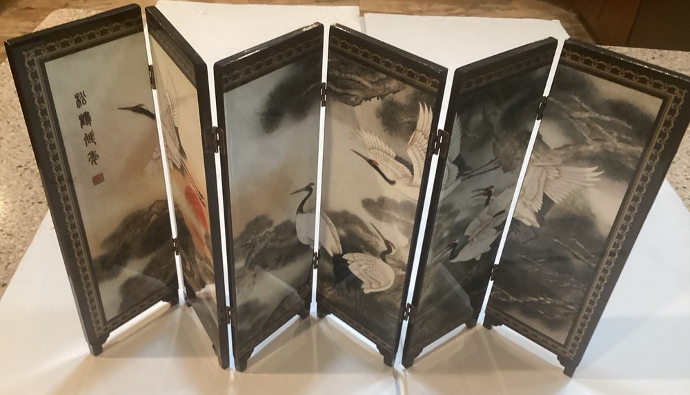 6 Panel Divider Mini Folding Screen Chinese Lacquerware Pine And Crane