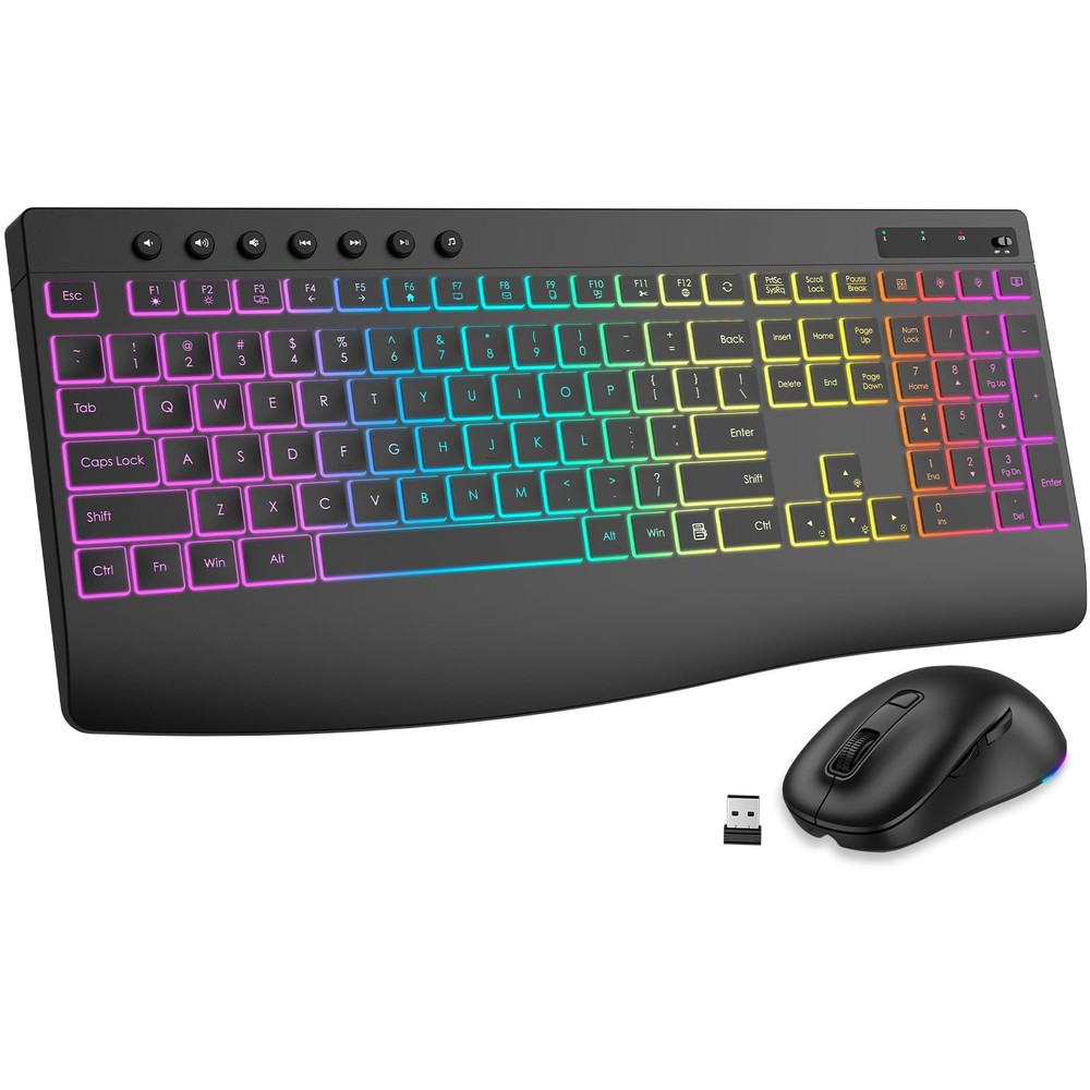 Wireless Keyboard and Mouse Combo, 9 Backlit Effects, Rechargeable 4000mAh Ba...