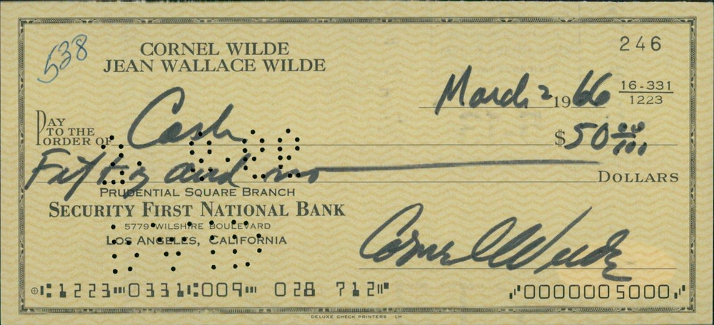 Cornel Wilde Actor Singer Signed Cancelled Check JSA Authenticated
