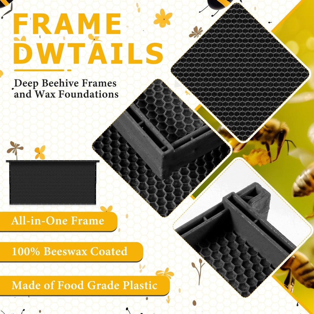 10 Pack Plastic Beehive Frames and Wax Foundations All in One Bee Hive Frames...