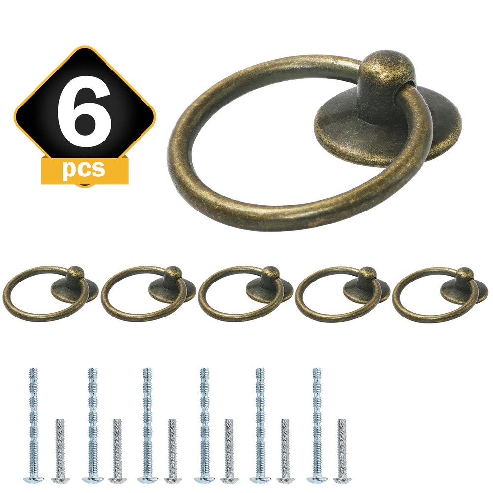 Zernmiarder 6pcs Antique Brass Drop Ring Drawer Pulls, Vintage