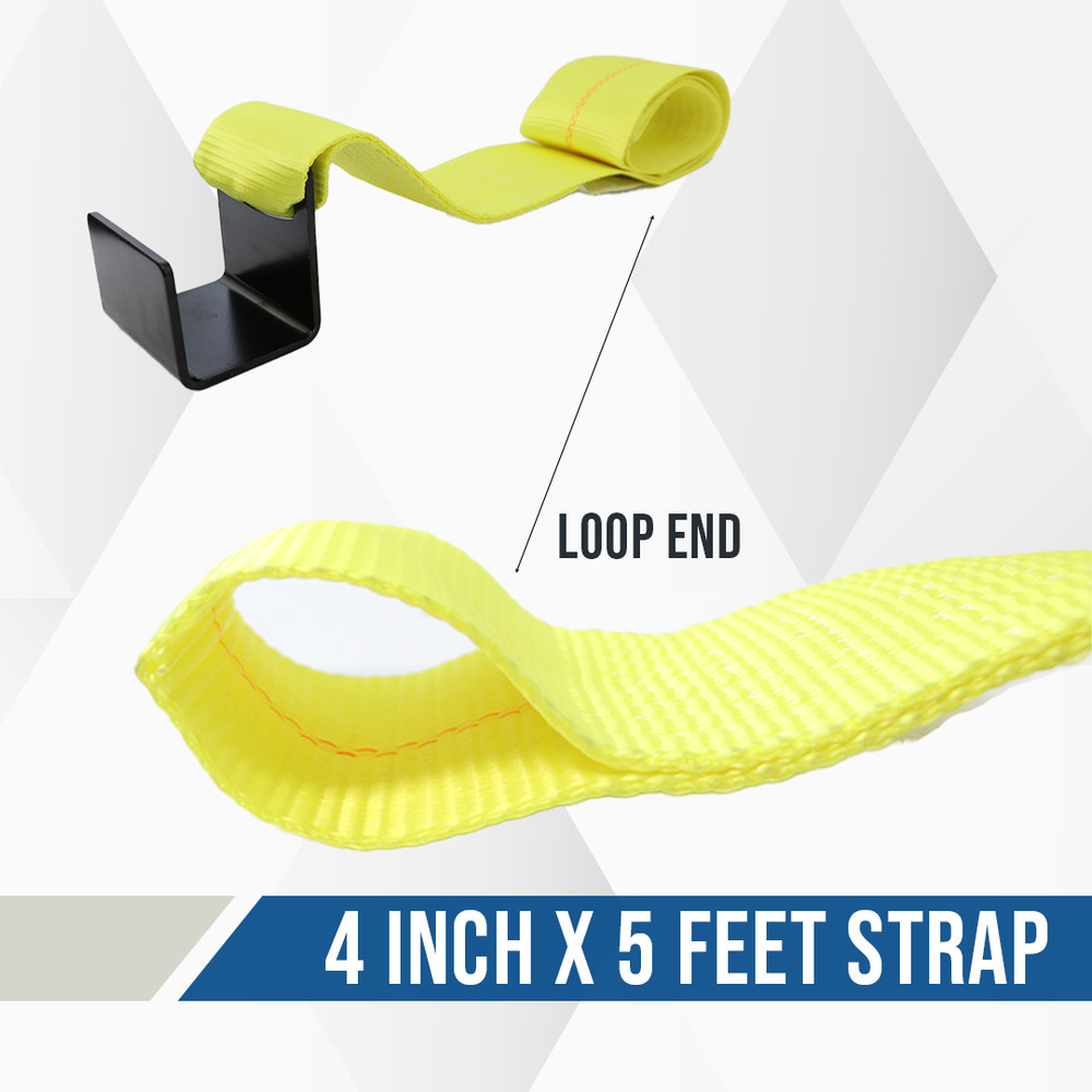 2 Pack Roll Off Winch Strap w/ Flat Hook - Loop End 4" x 5' 24,000lbs Container