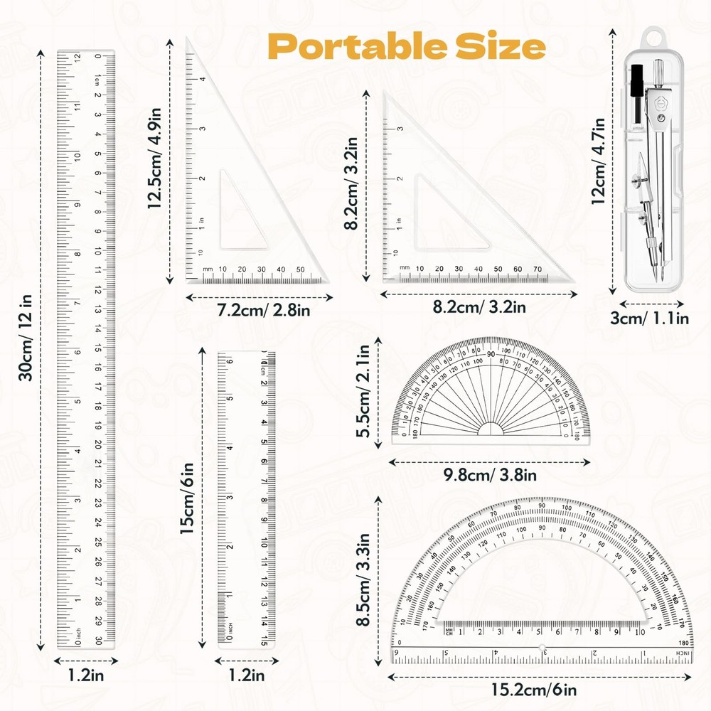 Geometry Set - 7Pcs Geometry Kit with Clear Plastic Ruler 12Inch & 6Inch, Tri...