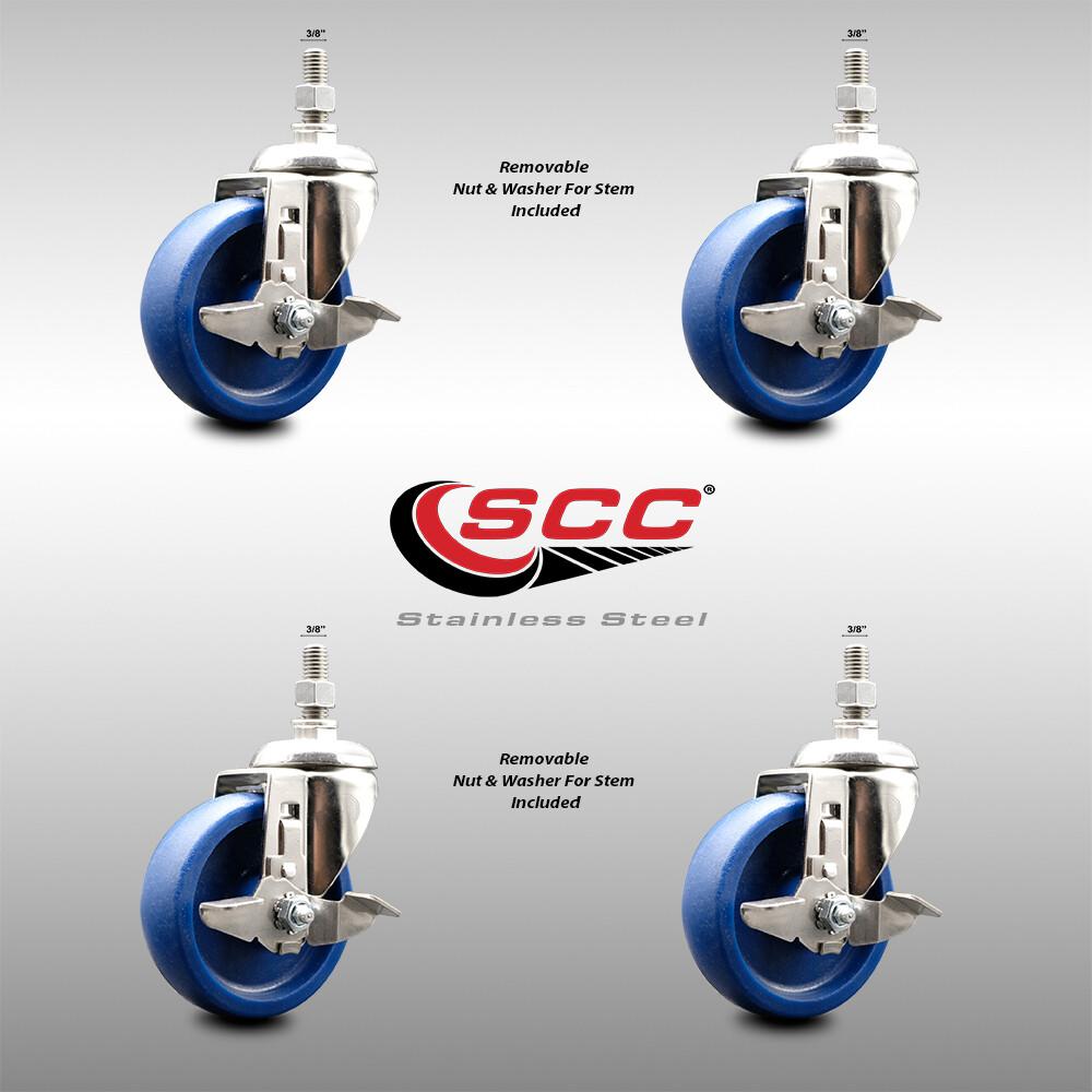 4 Inch 316SS Solid Polyurethane Swivel 3/8 Inch Threaded Stem Caster Set Brake