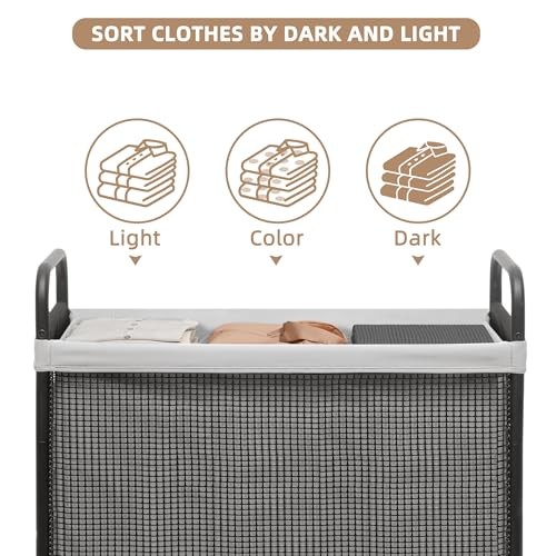 Rolling Laundry Hamper with Wheels Laundry Sorter Rolling 3-Section Grey