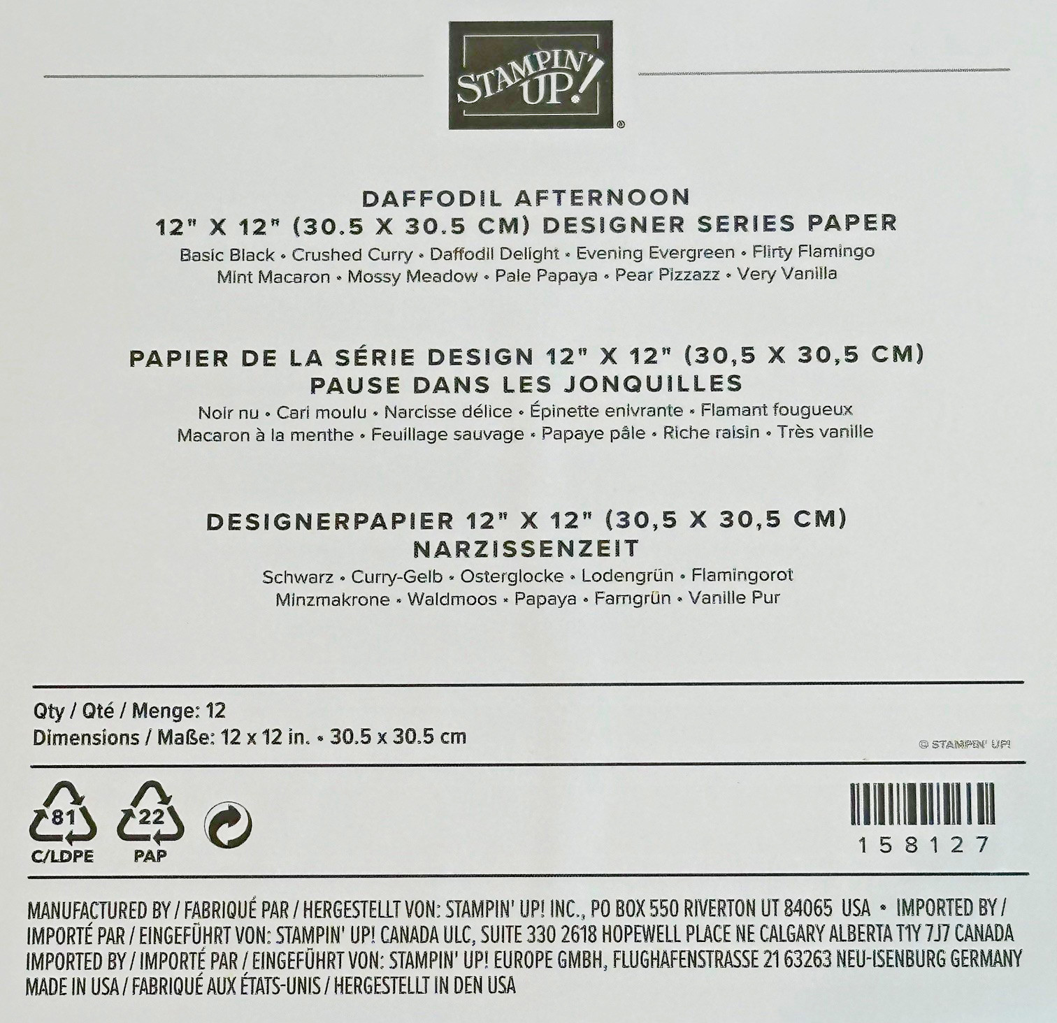 Stampin' Up DSP 12x12 Daffodil Afternoon Let's Go Fishing Sunny Days Med. Blooms