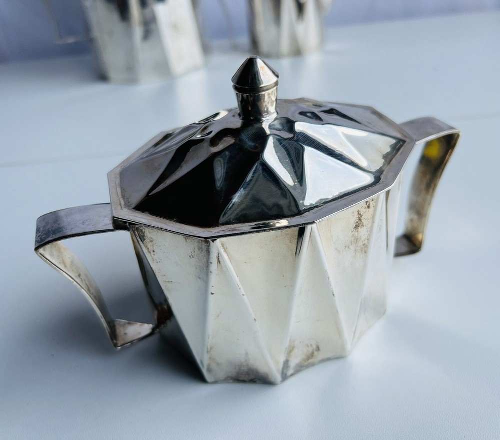 Larry Laslo Towle Art Deco Styled Silverplate/Brass Coffee Pot, Sugar, Creamer