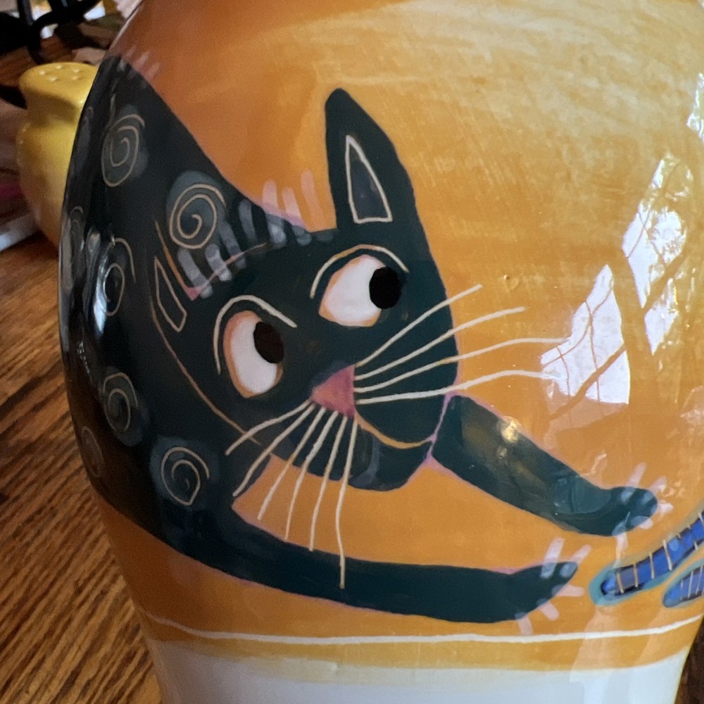 STUDIO POTTERY HAND PAINTED WHIMSICAL PORCELAIN CAT PITCHER