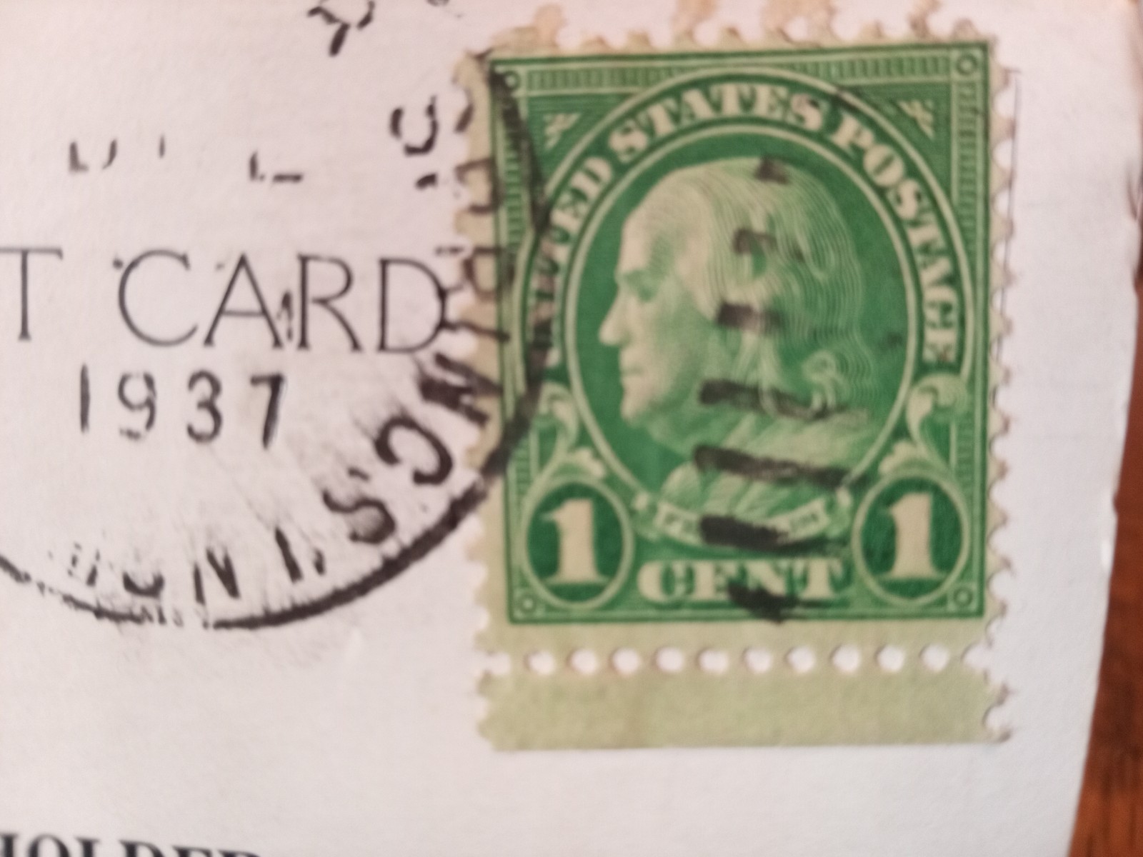 1937 US 1 Cent Green Franklin Stamp on Postcard with Shirley Temple Image