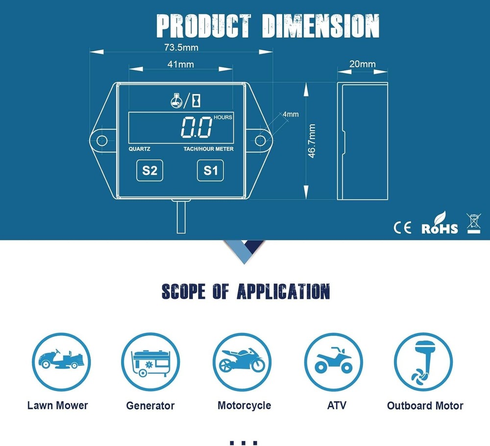 Digital Hour Meter Tachometer Maintenance Reminder Battery Replaceable For La...