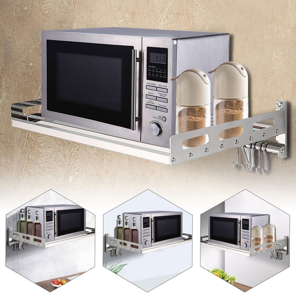 Wall Mount Microwave Oven Shelf Kitchen Item Storage Bracket W/12Hooks Stainless