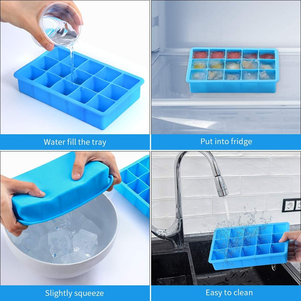 2 Pack Ice Cube Trays, Silicone Easy Release Flexible Molds 15 Ice Cubes Tray f