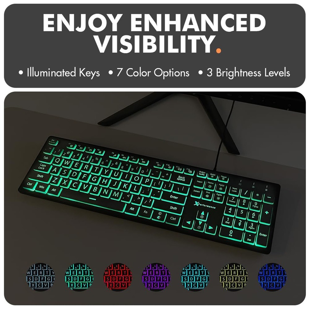 X9 Large Print Backlit Keyboard | Wired Light Up Computer Keyboard for PC Des...
