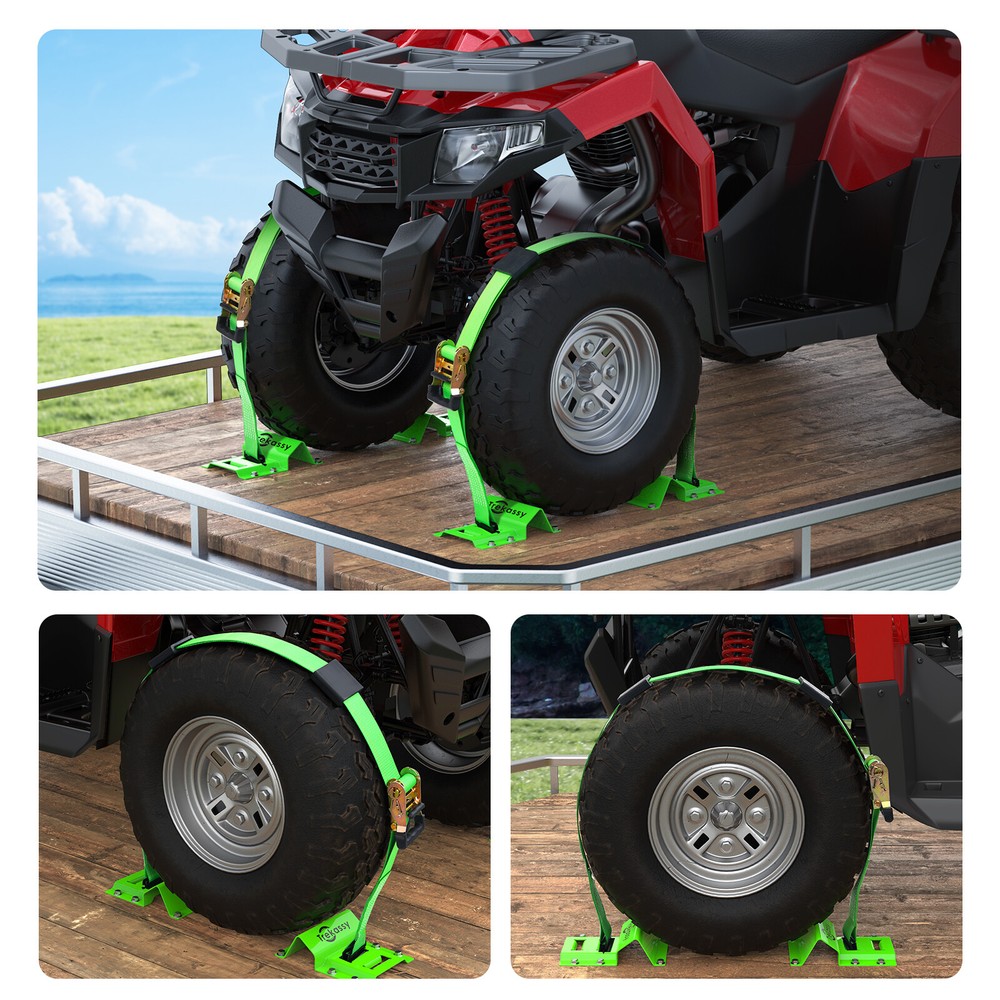 Etrack ATV UTV Wheel Chock Trailer Tire Strap Set Tie down Straps Towing System