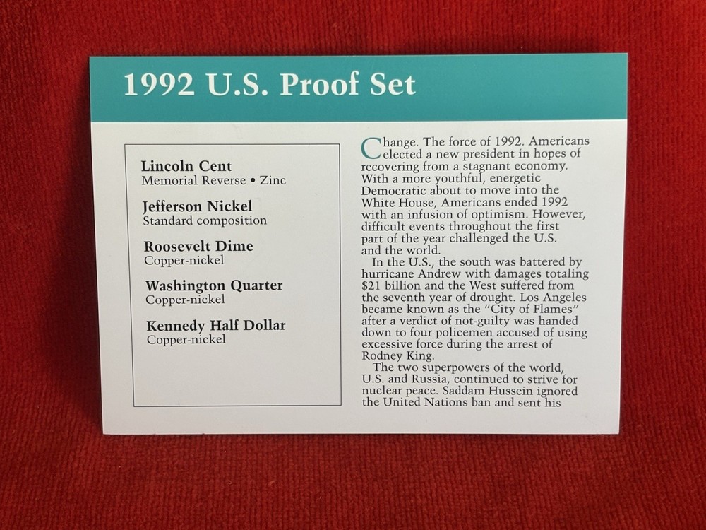 1992 US Proof Set Divider Card Aqua Border